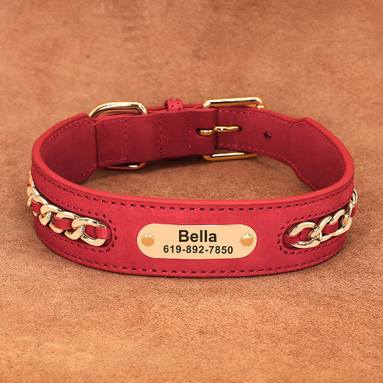 Collier cuir chien rouge avec tresse doree