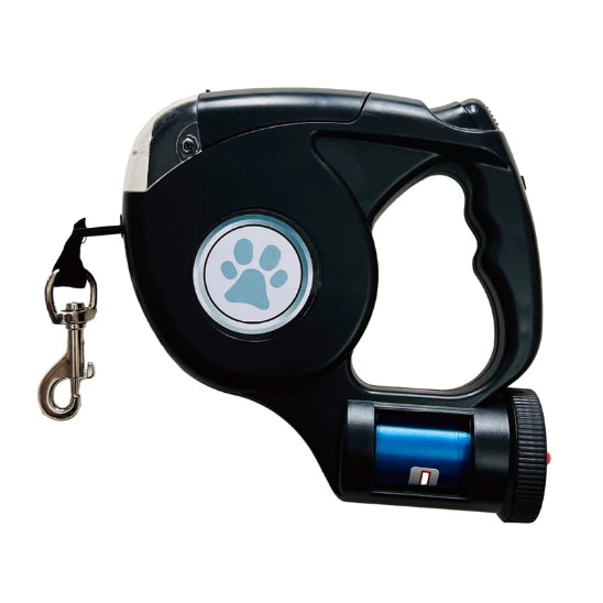Laisse chien extensible ĂquipĂ©e de sac de dĂ©jection