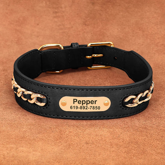 Collier chien cuir noir gravé