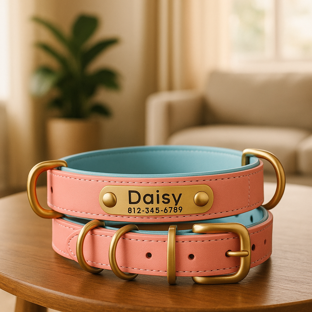 Collier chien cuir personnalisé rose