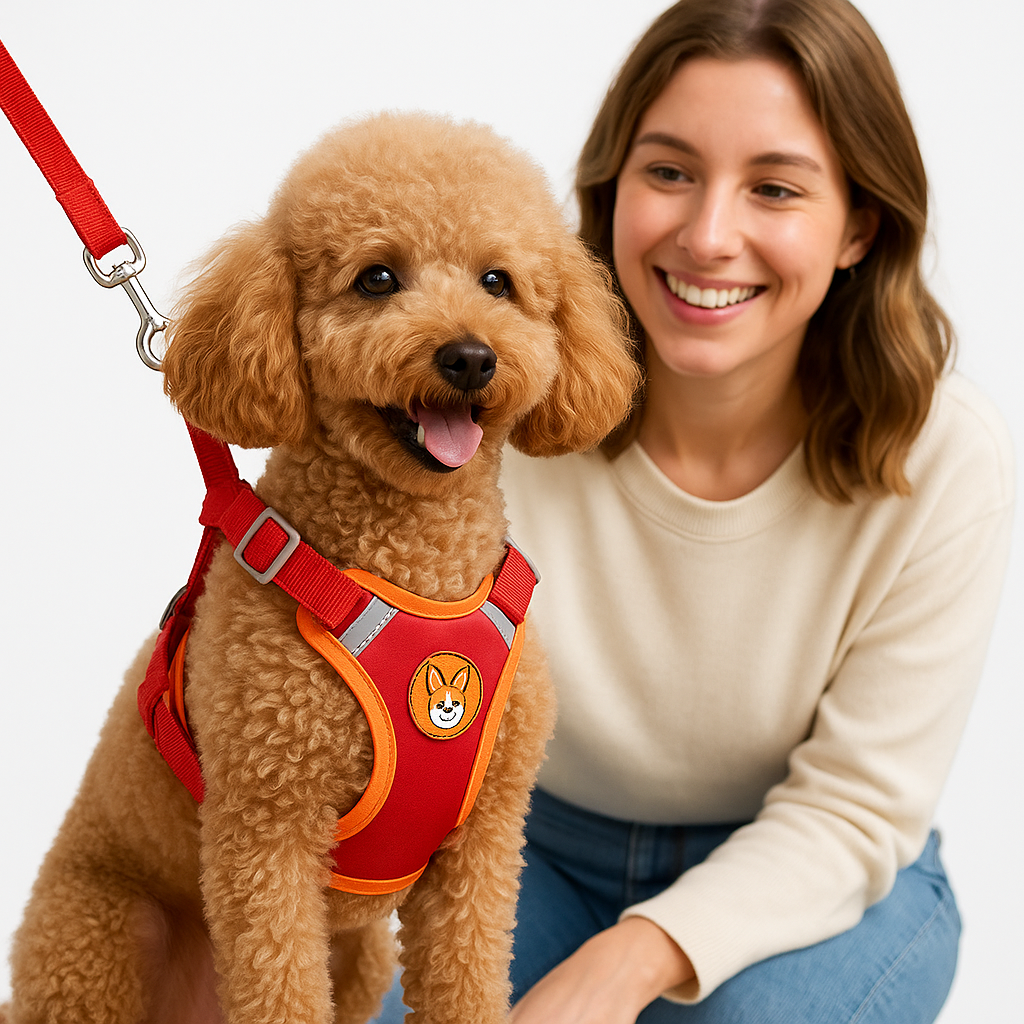 harnais pour chiots avec système de fermeture par clips qui rend l'installation simple et rapide
