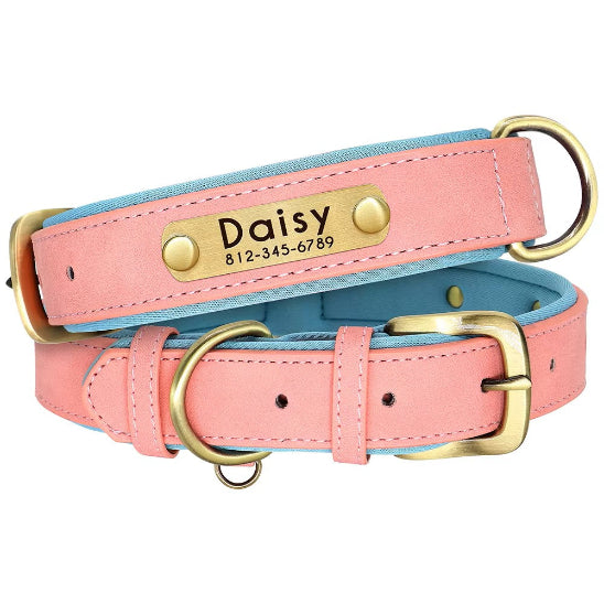 Collier chien cuir personnalisé rose
