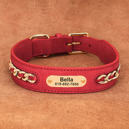 Collier cuir chien rouge avec tresse doree