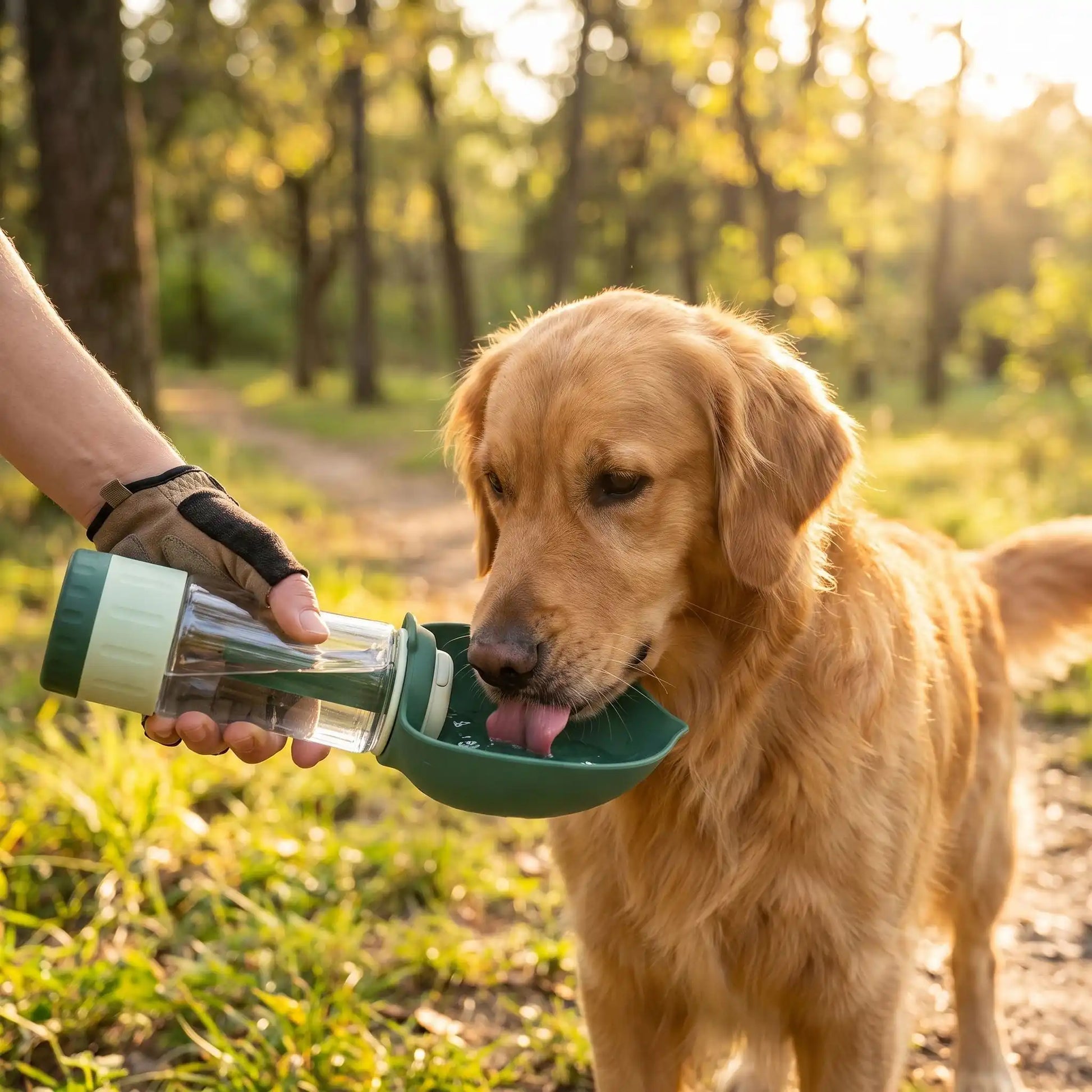 Chien buvant dans une gourde avec gamelle portable