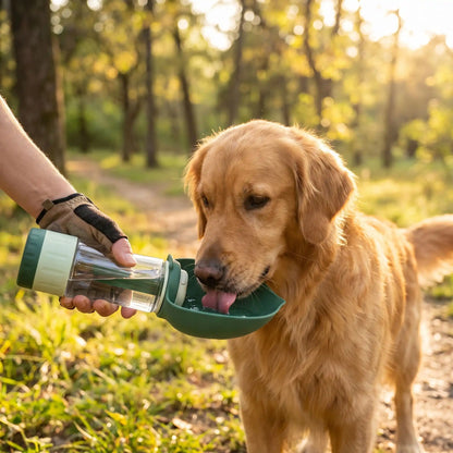 Chien buvant dans une gourde avec gamelle portable