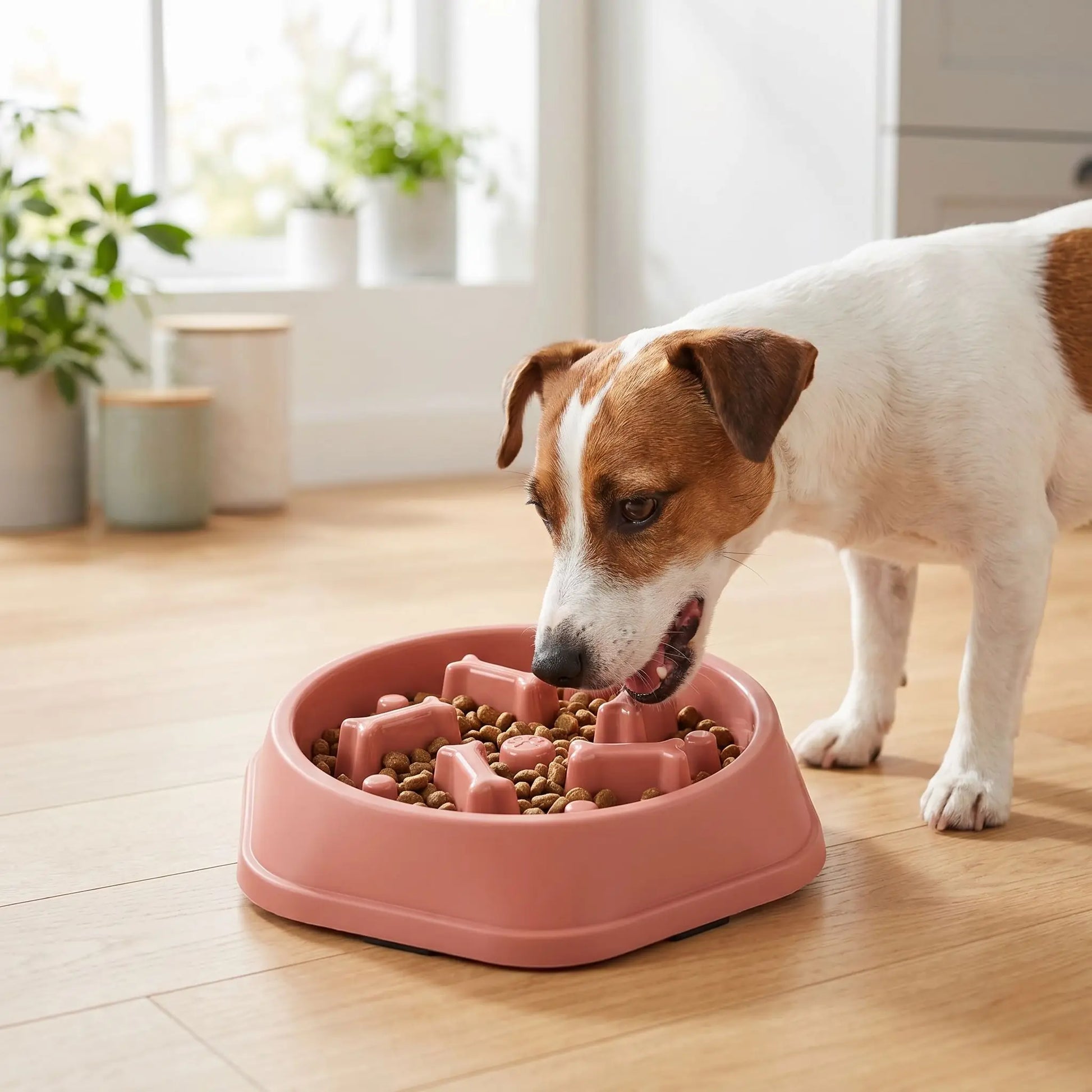 Chien utilisant une gamelle anti-glouton rose pour manger plus lentement