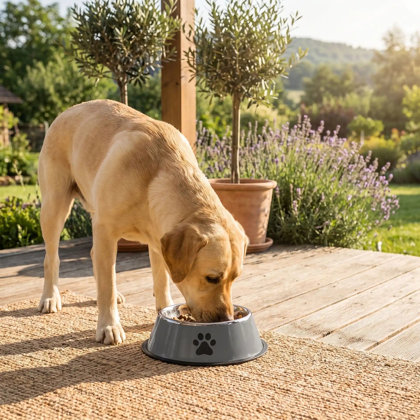 Chien mangeant dans une Gamelle inox pour eau et croquettes