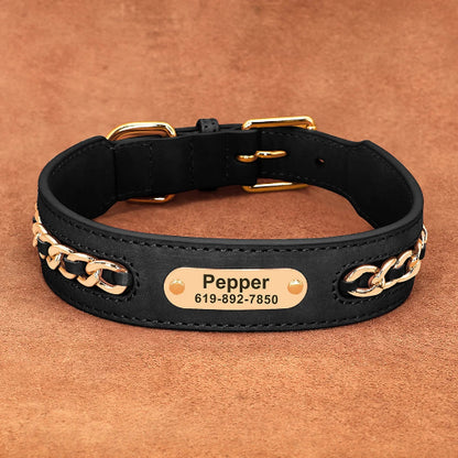 Collier chien cuir noir gravé
