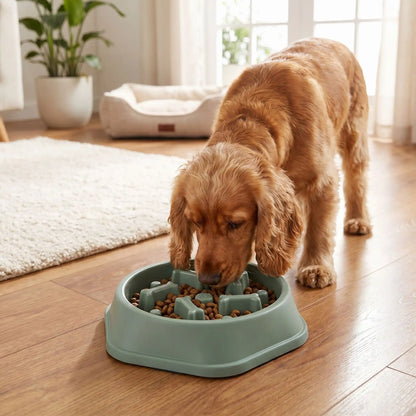 Chien utilisant une gamelle anti-glouton verte pour manger plus lentement