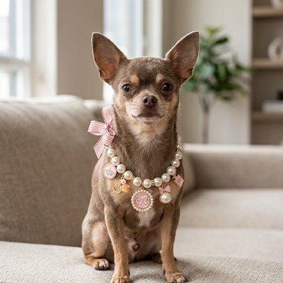 Collier pour Chien en breloques dorées et médaillons rose poudré avec motifs décoratifs raffinés