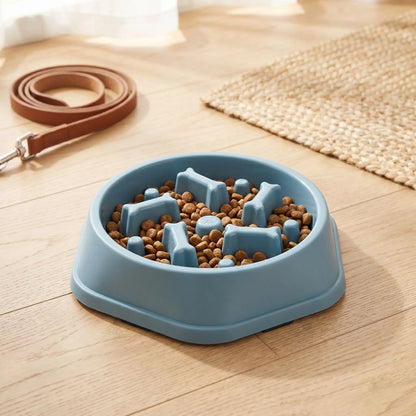 gamelle anti glouton chien bleu rempli de croquettes