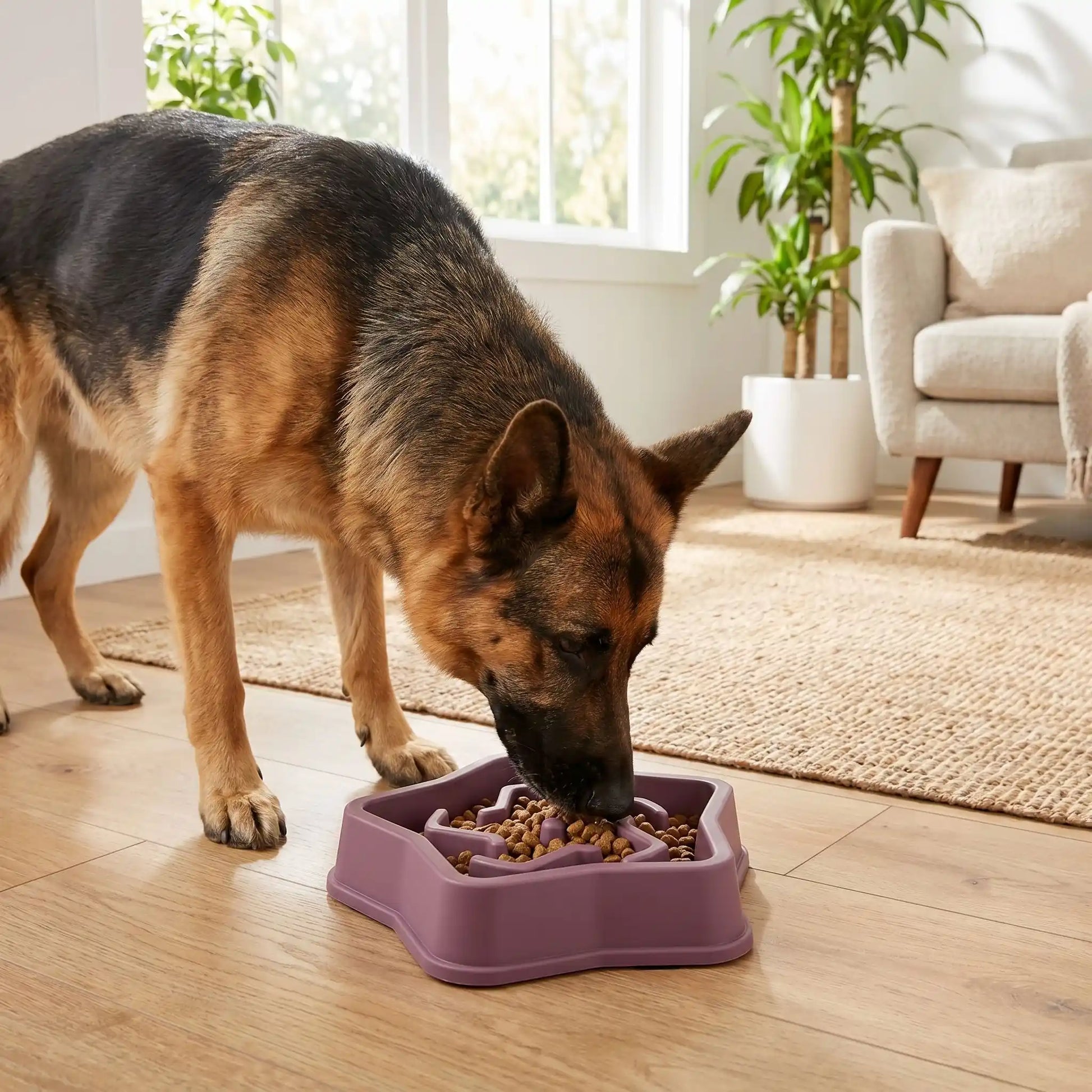 Grand chien utilisant une gamelle anti-glouton pour manger plus lentement
