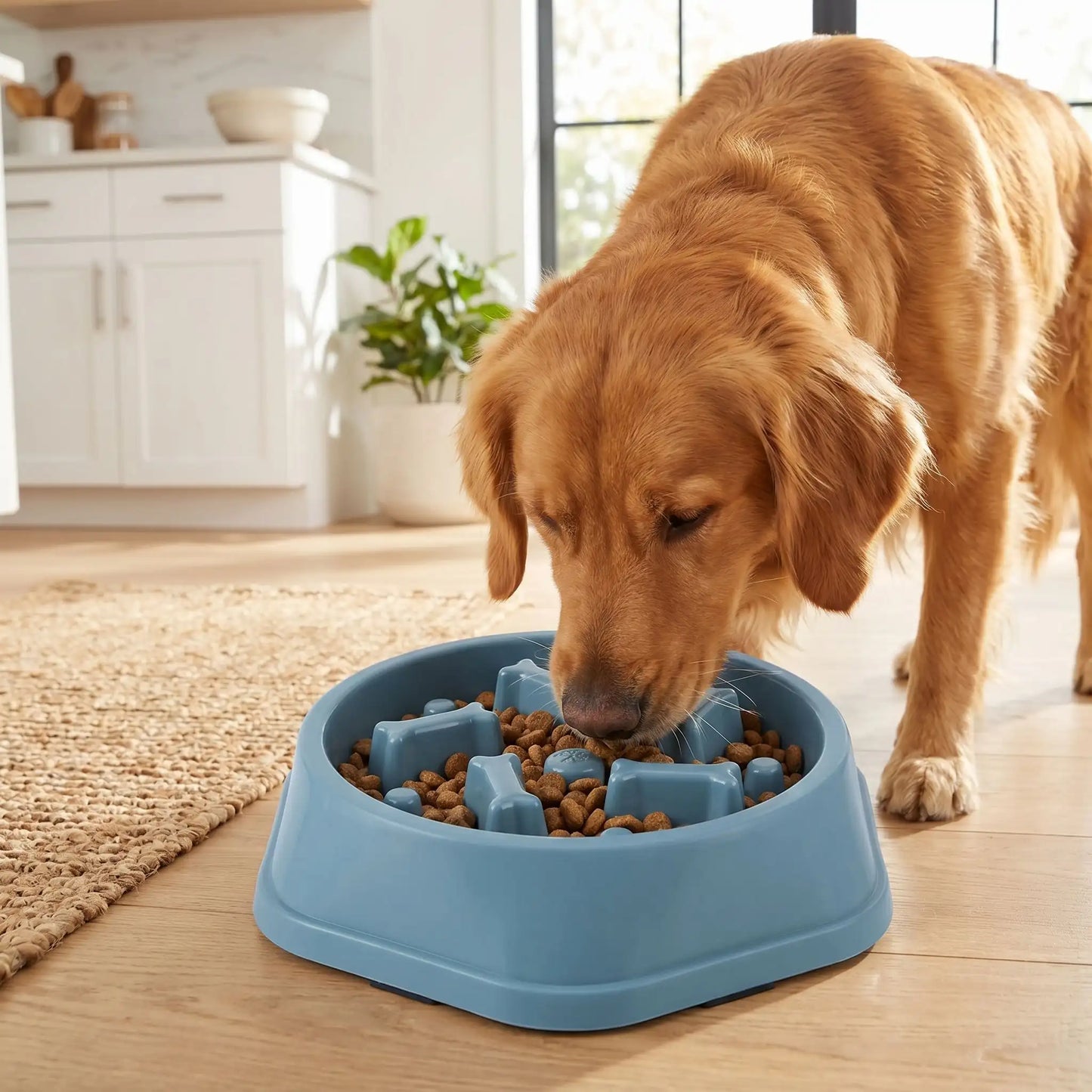Chien utilisant une gamelle anti-glouton bleue pour manger plus lentement