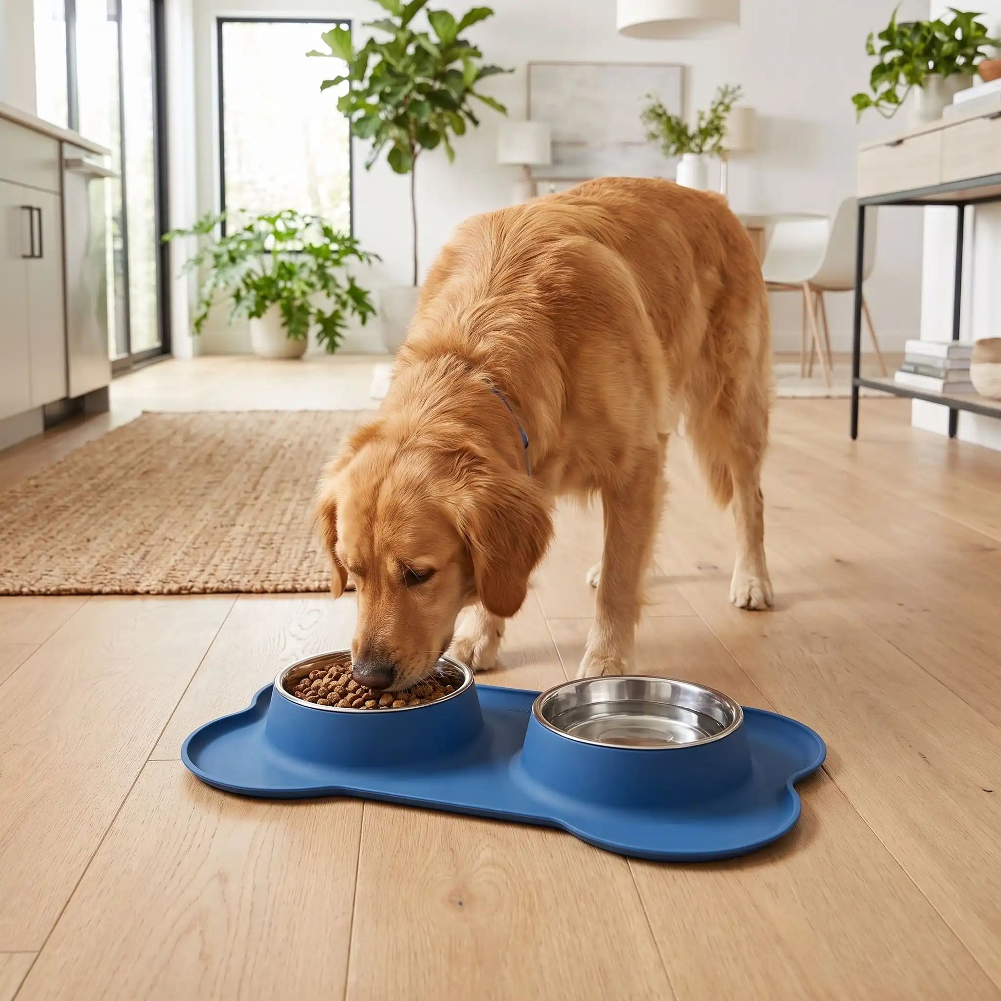 Chien mangeant des croquettes dans une gamelle double bleue