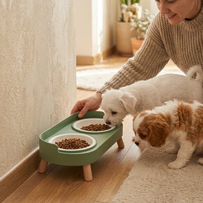 Gamelle pour Chien avec plateforme surélevée sur pieds en bois réduisant les tensions cervicales et facilitant la prise alimentaire