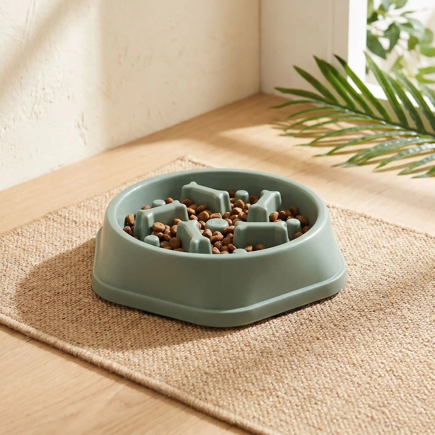 Gamelle ralentisseur pour chien vert remplie de croquettes