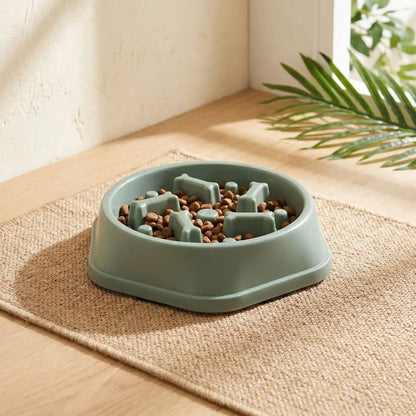 Gamelle ralentisseur pour chien vert remplie de croquettes