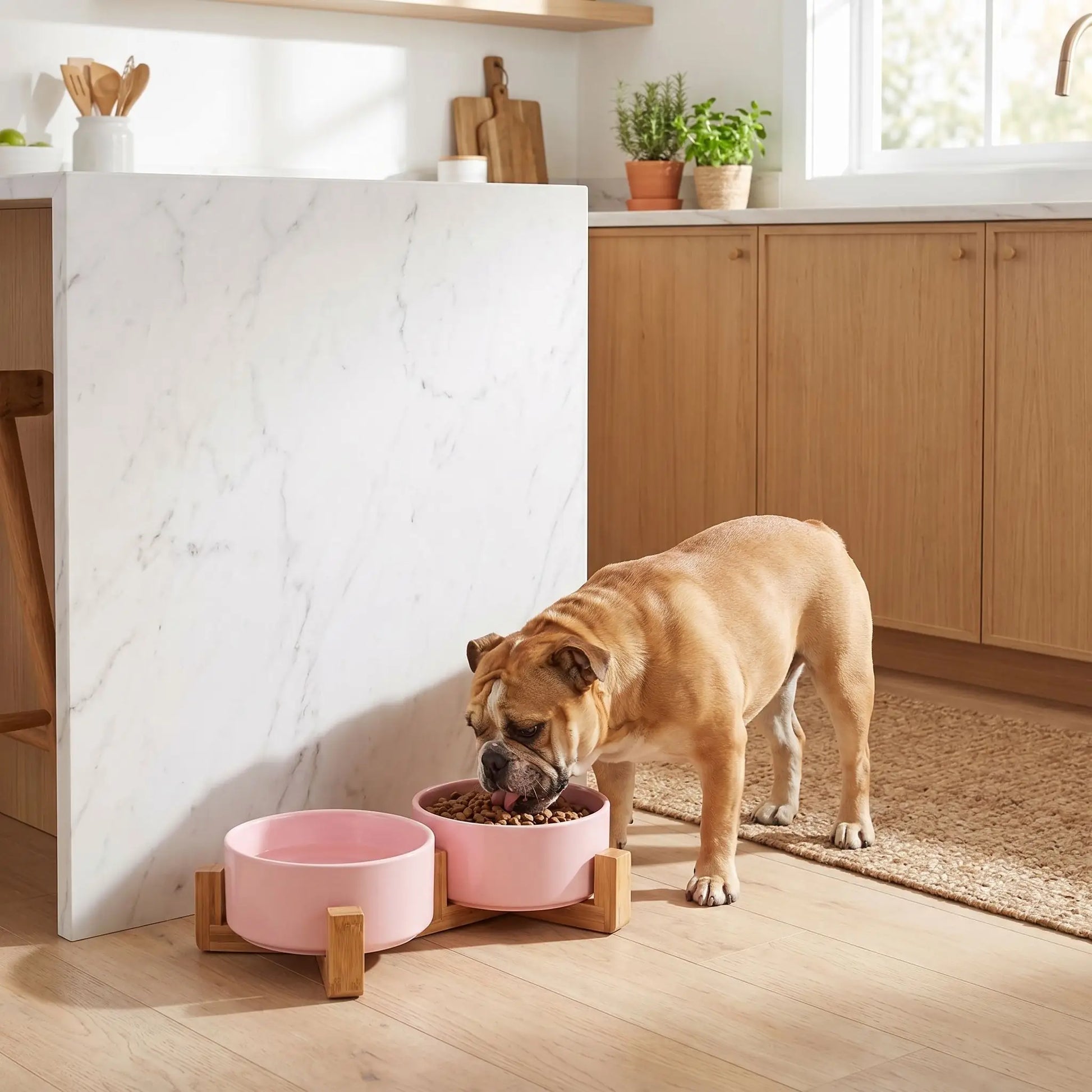 gamelle rose en céramique pour chien surélevée qui permet à votre animal de déguster son repas sans forcer sur son corps