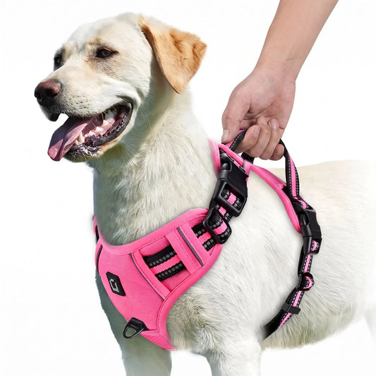 harnais anti traction ergonomique rose avec poigné dorsale pour chien