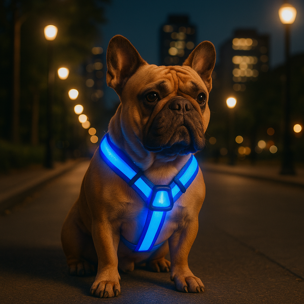 harnais lumineux chien sur un bouldog en promenade dans lanuit