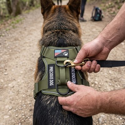 Harnais tactique pour chien avec double boucle métallique permettant un ajustement rapide et fiable