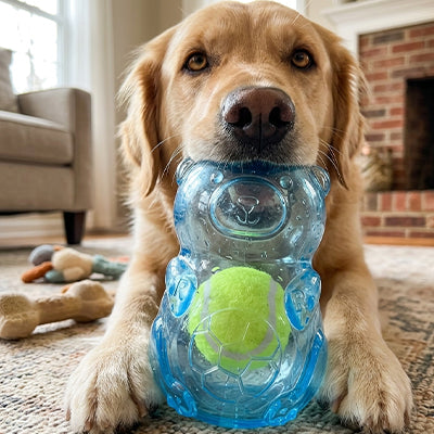jouet a macher pour chien en plastique translucide bleu qui supporte les mâchoires les plus déterminées