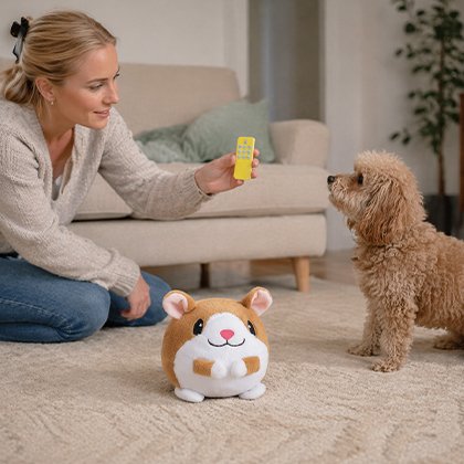Jouet interactif pour chien avec activation à distance qui déclenche des mouvements ou sons pour attirer l'attention de l'animal