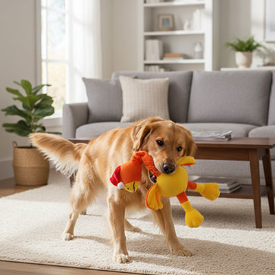 jouet pour chien poulet en texture douce qui protège les gencives de l'animal