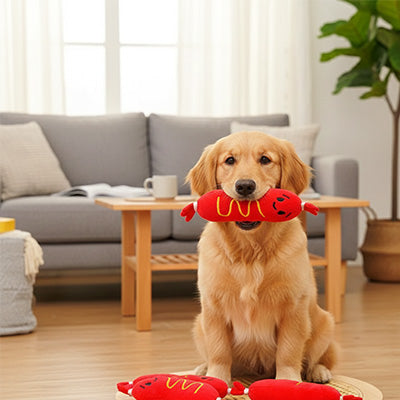 jouet saucisse pour chien en forme de hot-dog qui résiste aux mordillements répétés du chien