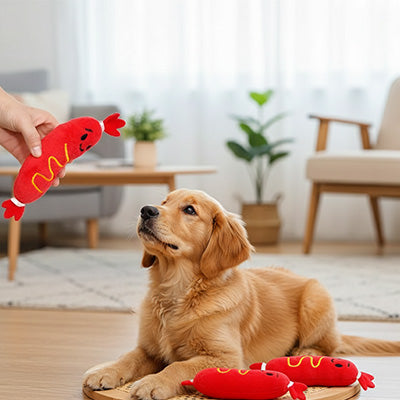 jouet saucisse pour chien en matière fleece ultra-douce qui protège les dents et gencives de votre animal