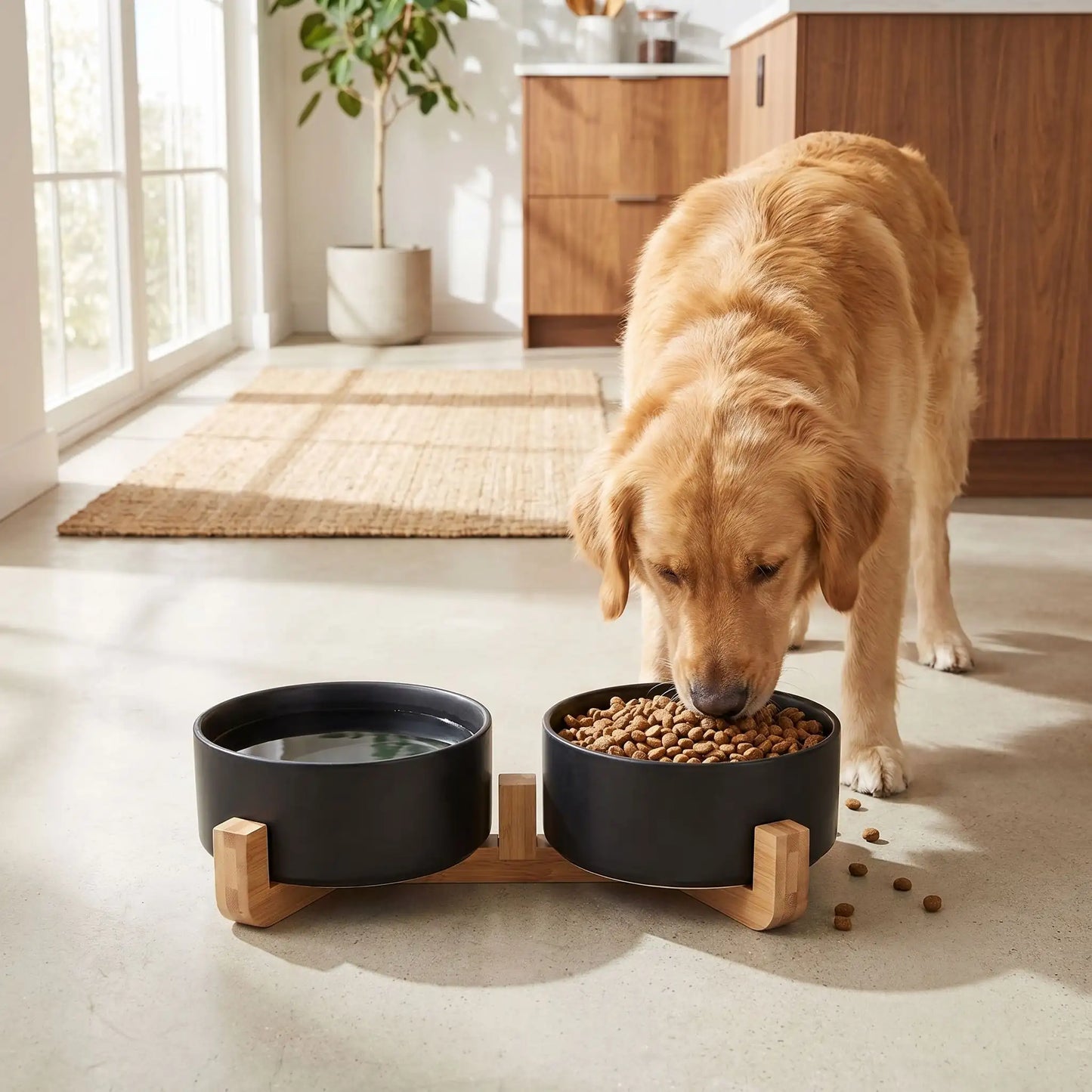 gamelle noire en céramique pour chien avec support ergonomique qui soulage les articulations de votre animal pendant ses repas