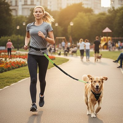 Laisse canicross qui absorbe les chocs et les à-coups lors de la course pour protéger le dos du chien et les articulations du coureur