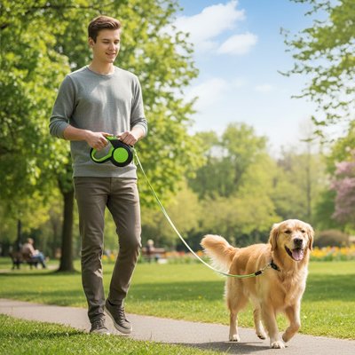 Laisse enrouleur pour chien en format léger et maniable facilitant le transport et le rangement entre les sorties