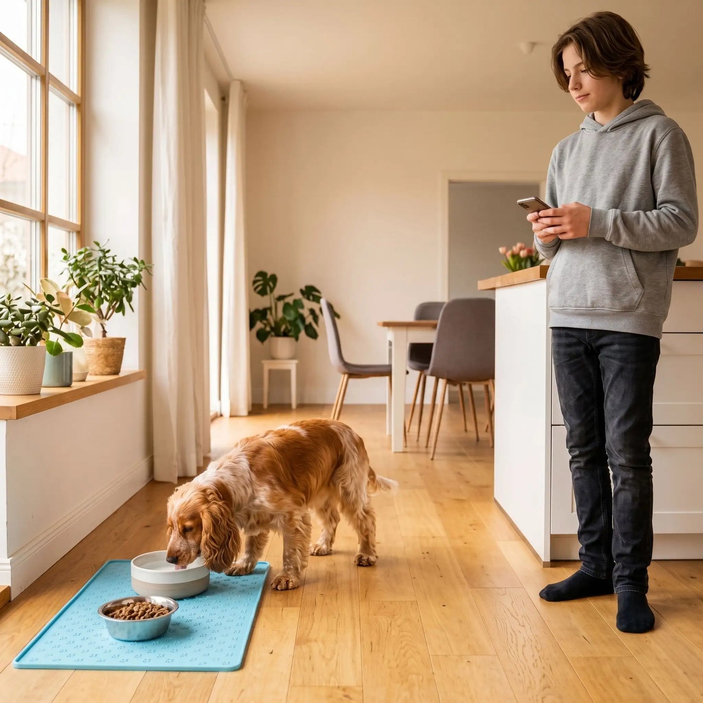 Tapis Sous Gamelle Chien Bleu | Antidérapant Silicone - Excursion Chien