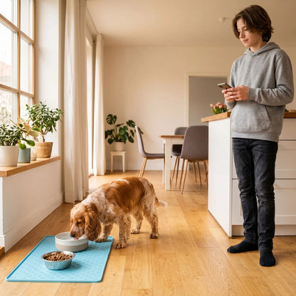 Tapis Sous Gamelle Chien Bleu | Antidérapant Silicone - Excursion Chien