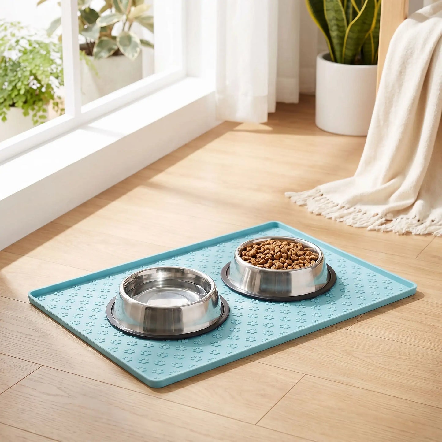 Tapis Sous Gamelle Chien Bleu | Antidérapant Silicone